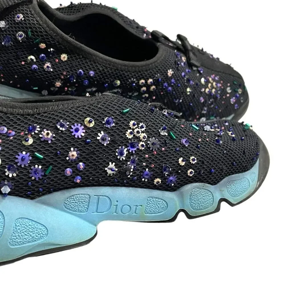 Dior Fusion Black Mesh Beaded Sequin Embellished Pull On Sneakers‎ 38.5 (8.5)